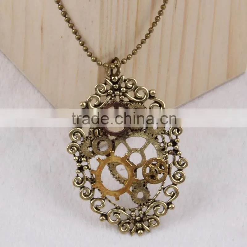 New design steampunk gear cameo pendant statement necklace 2015 yiwu fashion imitation jewelry hot sale
