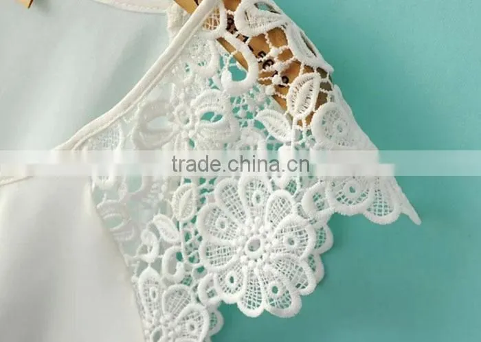 New Women Fashion Summer Lace Floral Hollow Splice Sleeveless Chiffon Blouses