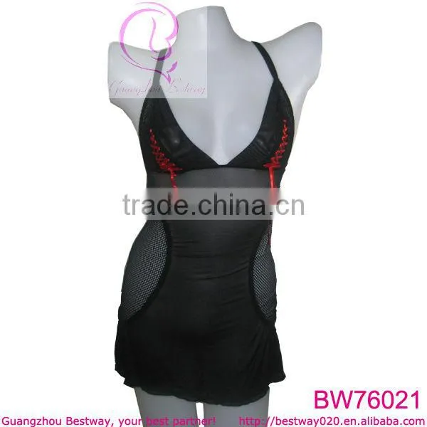 Fantacy sexy women black transparent lingerie with red ribbon