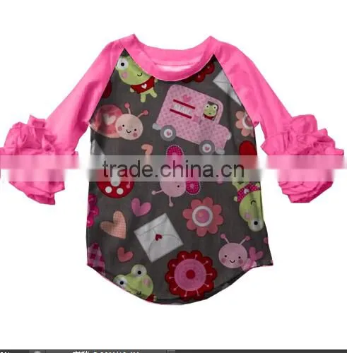 boyi latest designs fashion 3/4 sleeve cotton ruffle raglan top baby girls shirt fmily raglan shirt