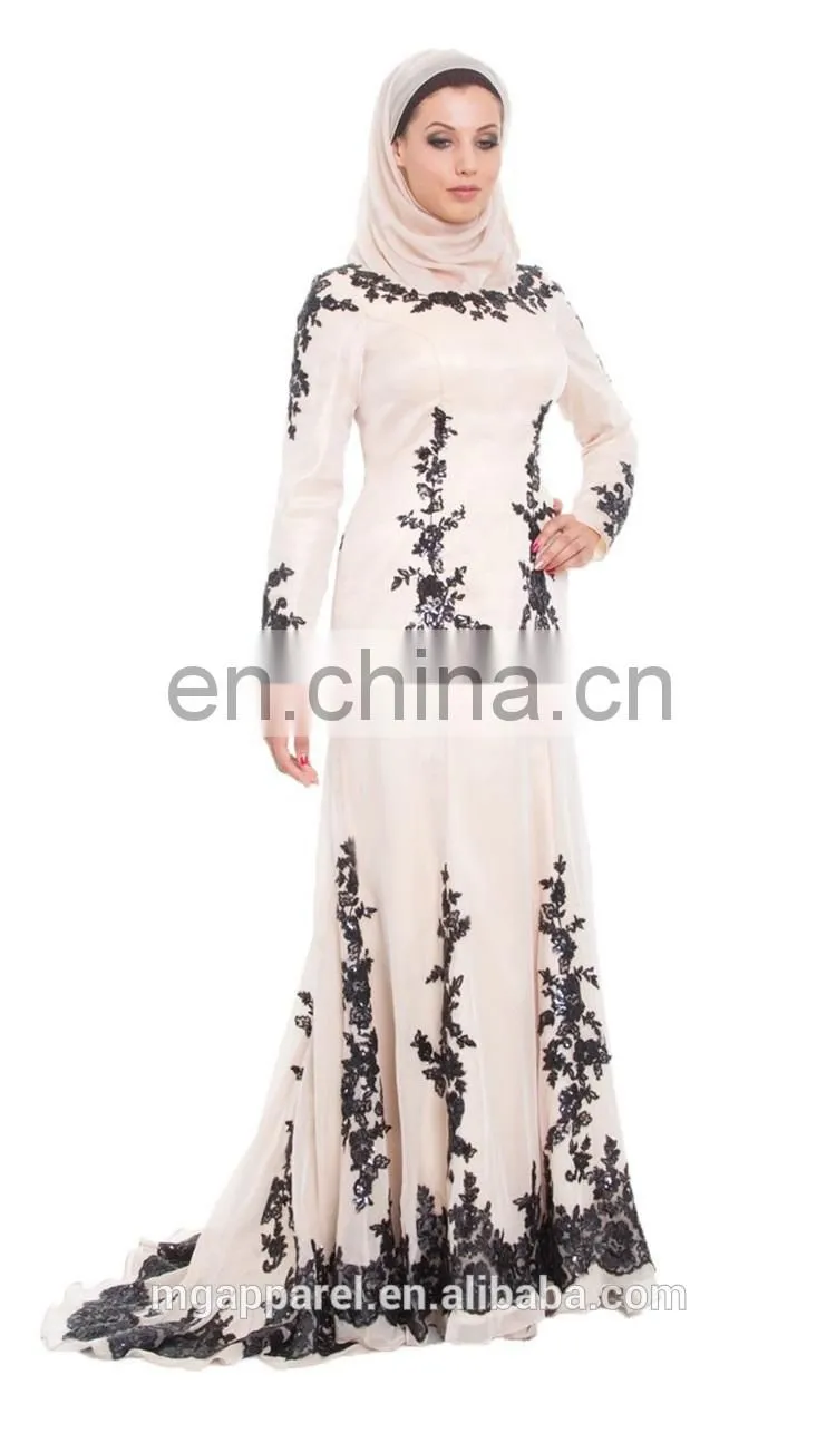 china OEM long sleeve muslim evening dress sequined silk beige muslim women formal dress, muslim evening gown with wrap hijab