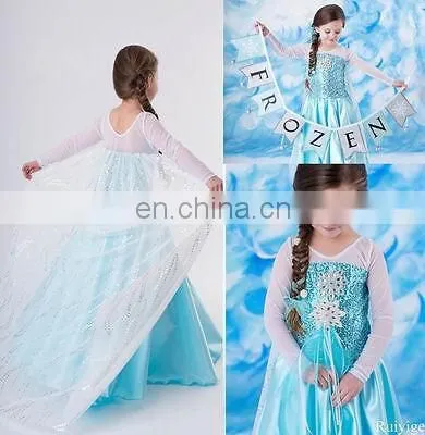 fashion elsa dress cosplay costume in frozen elsa mascot costume frozen movie formal dress and snowflake fabric for elsa FC2024