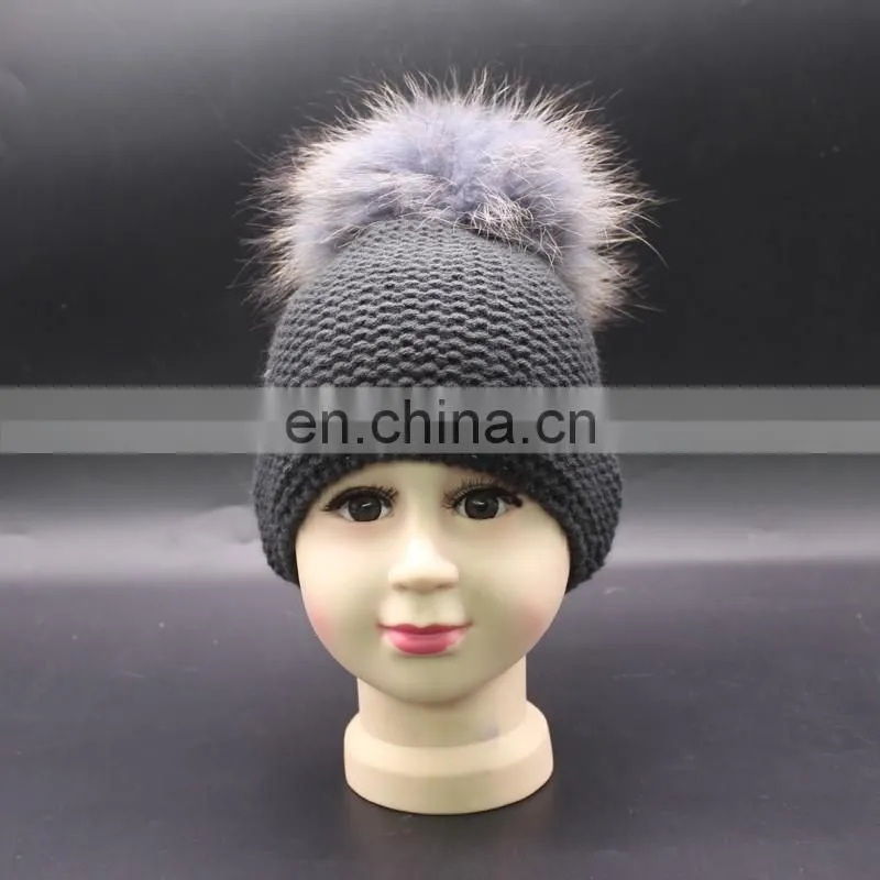 Fashion Kids Winter Knitted Raccoon Fur Pompom 100% Acrylic Knitted Beanie Hat