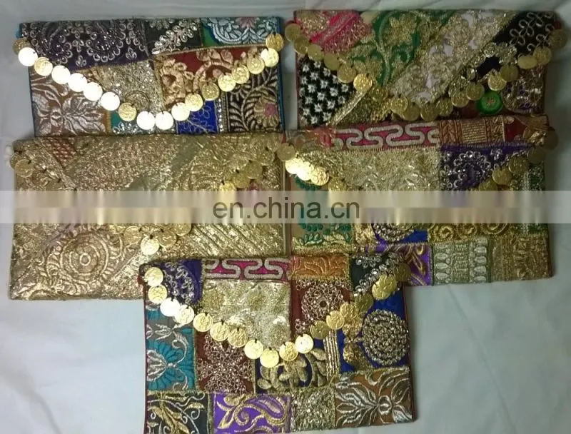 Trendy Rajasthani Zari Embroidered Traditional Indian Vintage Banjara Coin Clutch Tribal Ethnic Gypsy Clutch Handbag Pouch Bag
