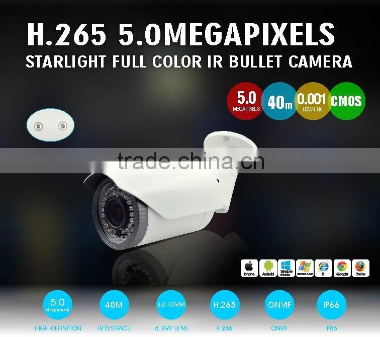 6Mpixes 3.6-10mm Manual vari-focal lens H.265 5.0MP IP Starlight Full Color IR Bullet Camera H.265 Security Network CCTV Camera