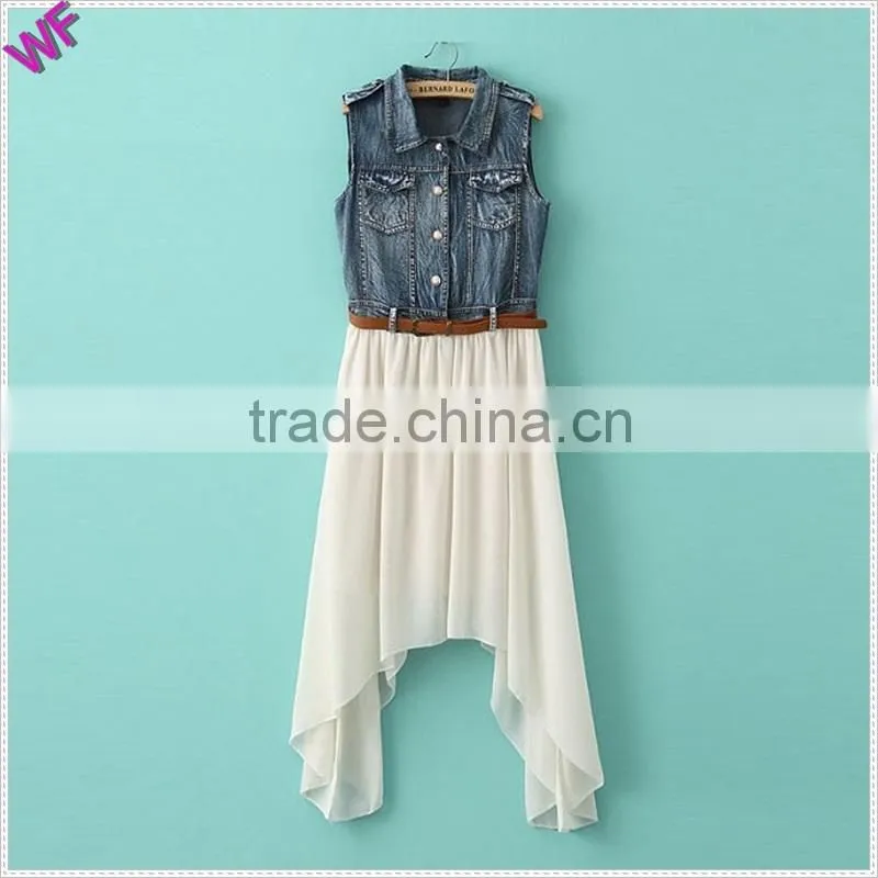 2015 high fashion denim match chiffion ladies denim chiffon dress