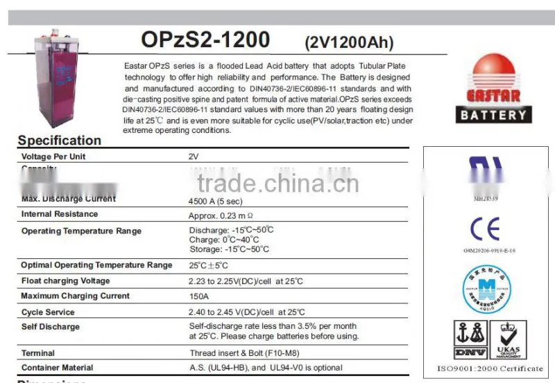2V 1200ah OPZS solar batteries for Backup System