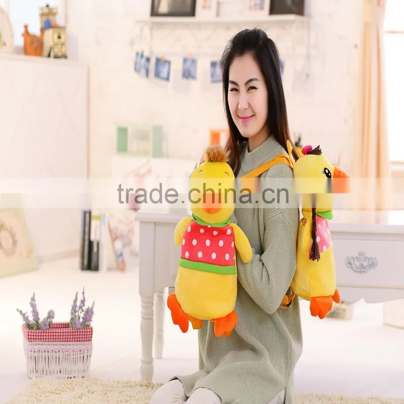 30cm lovely customized yellow stuffed plush strawberry duck doll animal backpack with strawberry-printed T-shirt