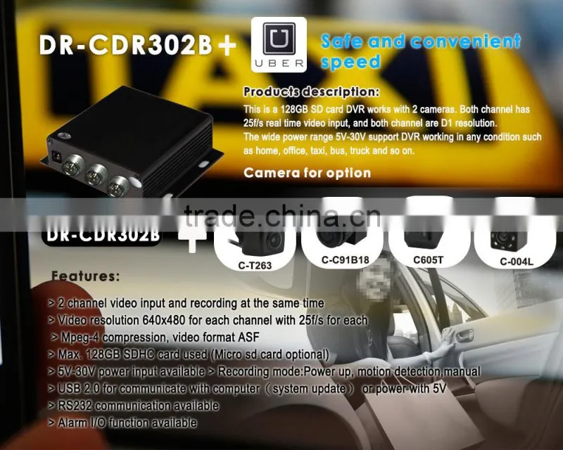 2CH Mobile DVR recording SD card max.128GB wide power range DC5-30V