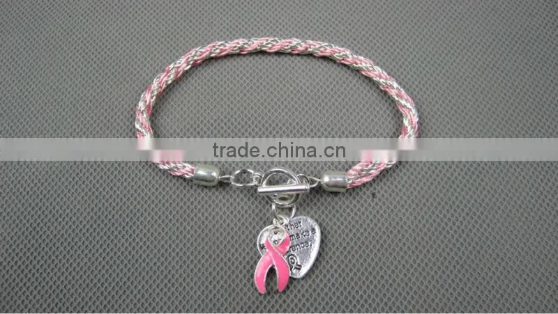 2015 New Pink Ribbon Breast Cancer Awareness Toggle Cross Cord Charm Bracelet With Silver-plated Heart