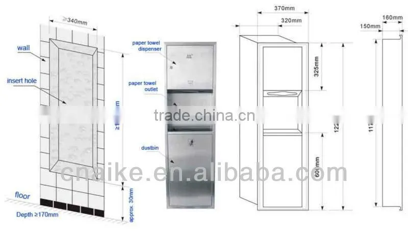 Combination Cabinet RECESSED HAND DRYER +TOWEL DISPENSER +DUSTBIN, SS.304