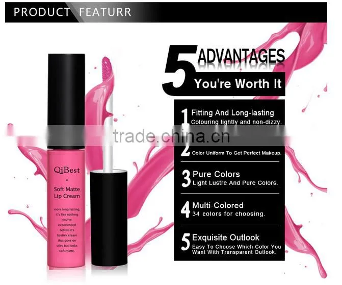QIBEST 34color matte color longlasting lip gloss liquid lipstick cheap price