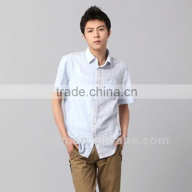 Latest brand design European style slim fit casual plaids trendy fashion short sleeve linen cotton shirts for men