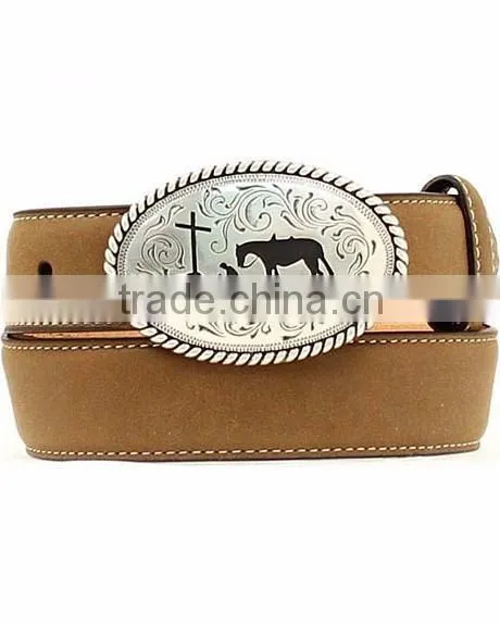 Western Fancy silver-tone buckle features kneeling cowboy cross & horse cowboy prayer belt