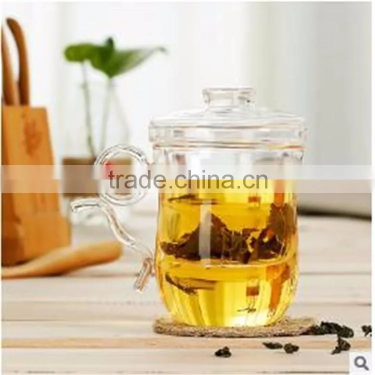Heat resistant new design 360ml borosilicate glass tea cup/pot for office with creative handle.in stock.