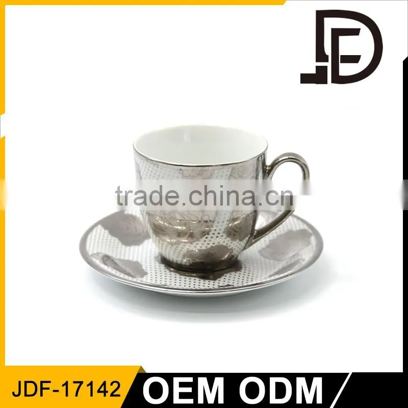 coffee cup set custom logo / silver pattern words printing coffee cup saucer