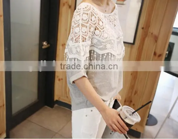 Plus Size 2015 Summer Casual Blusas Women Fashion Clothing Black Gray Girls Lace Blouses Dress Woman Roupas Shirts