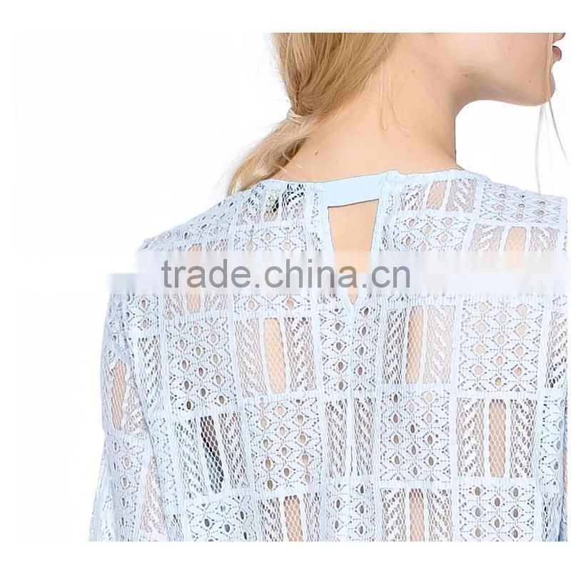 Fashion latest trendy high fashion crochet fabric women transparent blouse with half sleeve