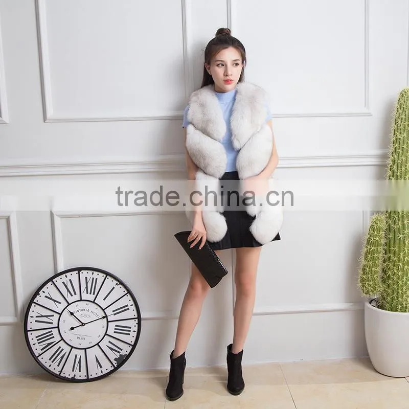 2016 New Fashion Womens Real Whole Plaid Fox Fur Waistcoats Lady Real Fur Vests Winter Sleeveless Outercoat