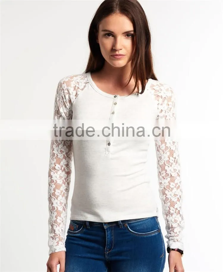 2016 Guangzhou Shandao OEM/ODM Custom Design Casual Long Lace Sleeve Round Neck Bodycon White Cotton Sexy Western Tops Ladies