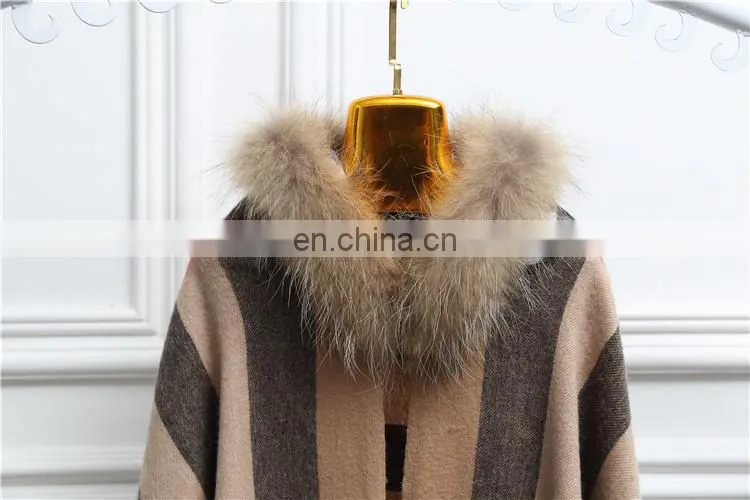 Fashion Women Real Raccoon Fur Hood Shawl Wool Cashmere Scarves Shawls