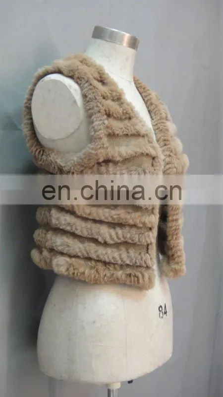 Women's Knitted Casual Vest With Real Rabbit Fur Trim (Style:#B168)