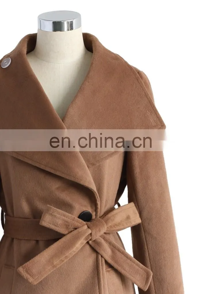 Women's Winter Long Coat Wide Collar Long Sleeve Belted Wool Blend Coat in Tan