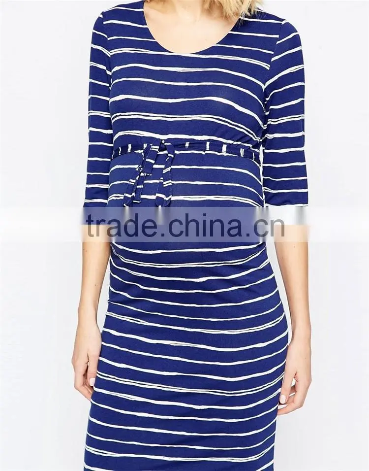 2016 custom wholesale purple stripe elegant stretch jersery 3/4 sleeves dressy maternity dresses