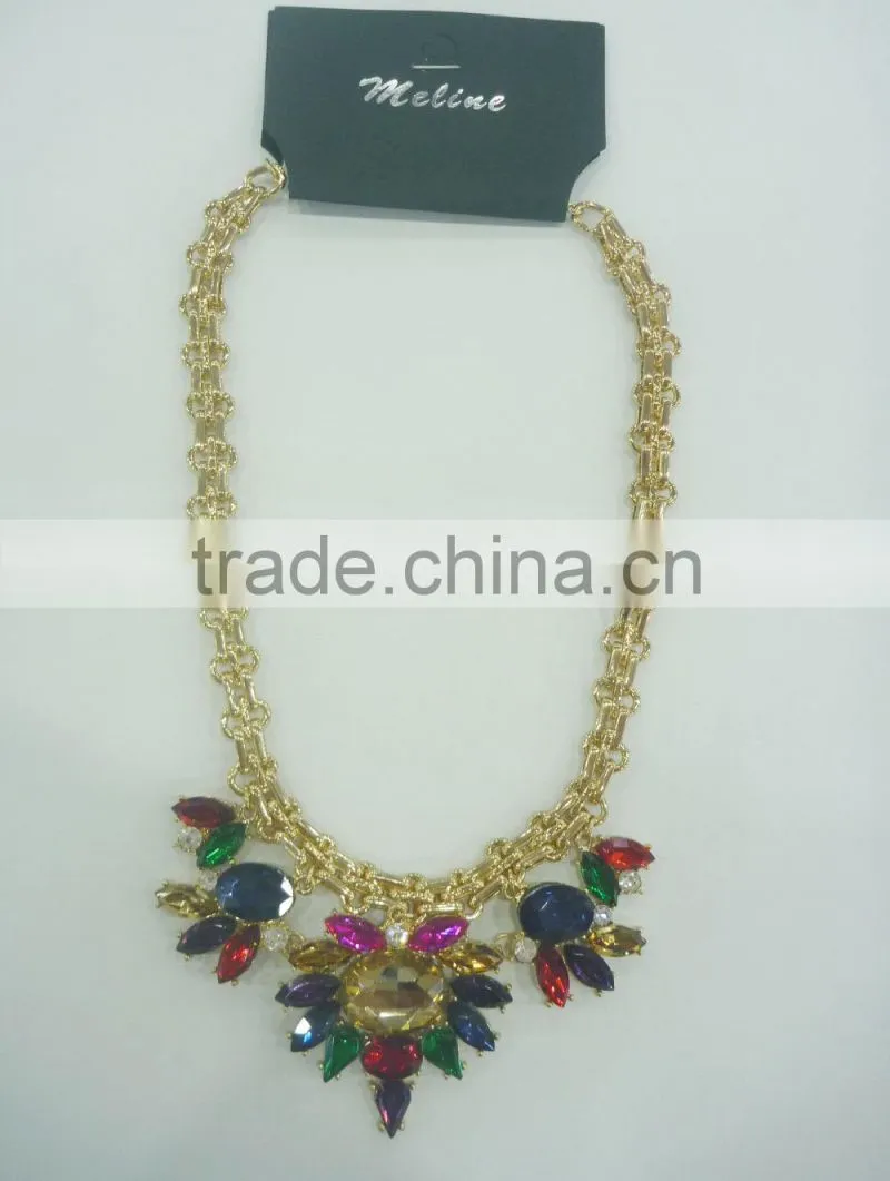 FASHION MULTI COLOR GLASS STONE HAND MADE CHAIN STATEMENT NECKLACE