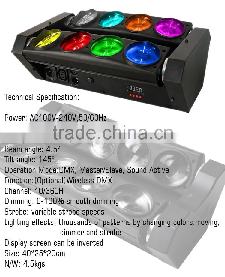 8pcs Moving Head Disco RGBW 4IN 1 led spider beam moving head light 10w