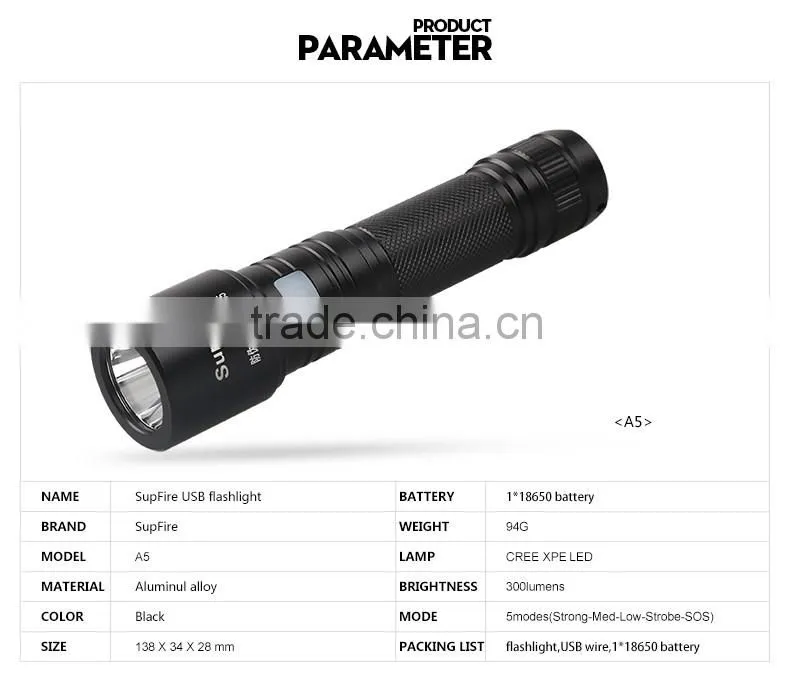 Bulk home use waterproof rechargeable USB flashlight A5