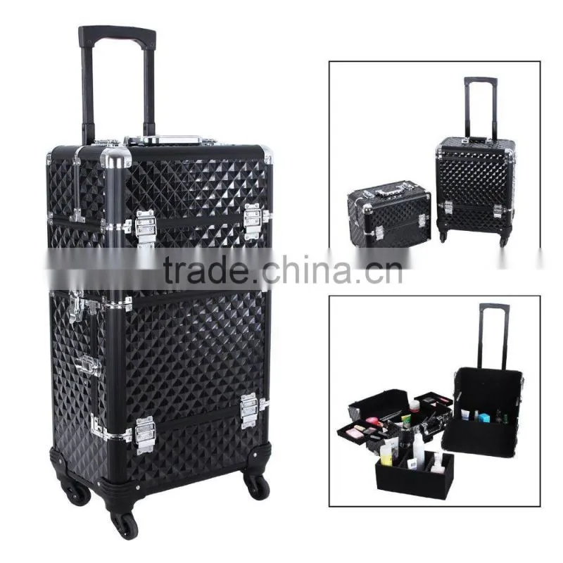 Aluminum Rolling Makeup Case 2 in 1 Cosmetic Artist Train Case Beauty Salon Organizer 4 Wheels Lift Handle