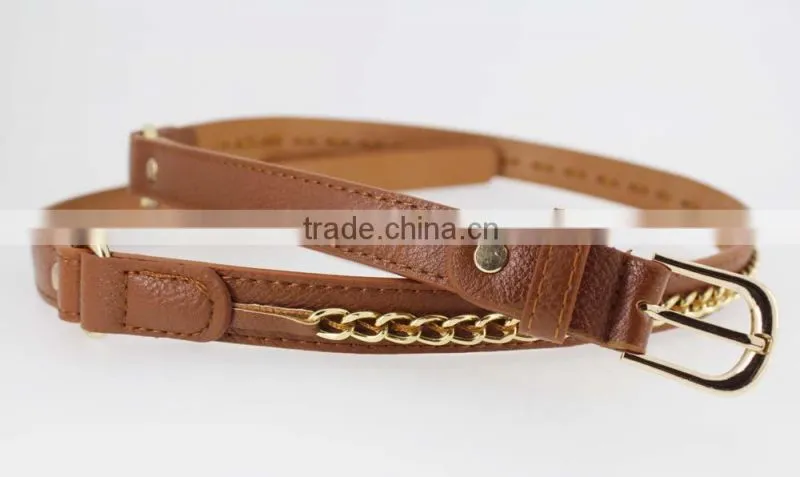 Hot sale Women's Fashion Belt with high quality gold PU leather& Gold Metal Chian for jeans