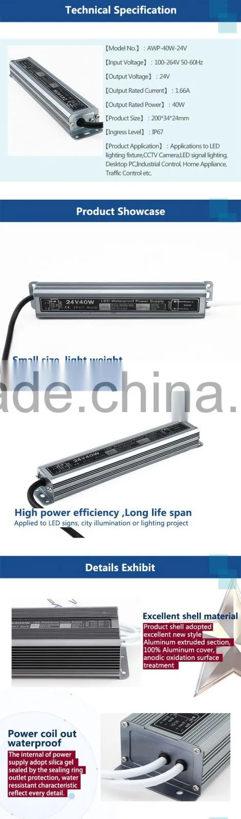 Manufacturers selling NEW 40W 24V Aluminium shell Waterproof LED Power Supply