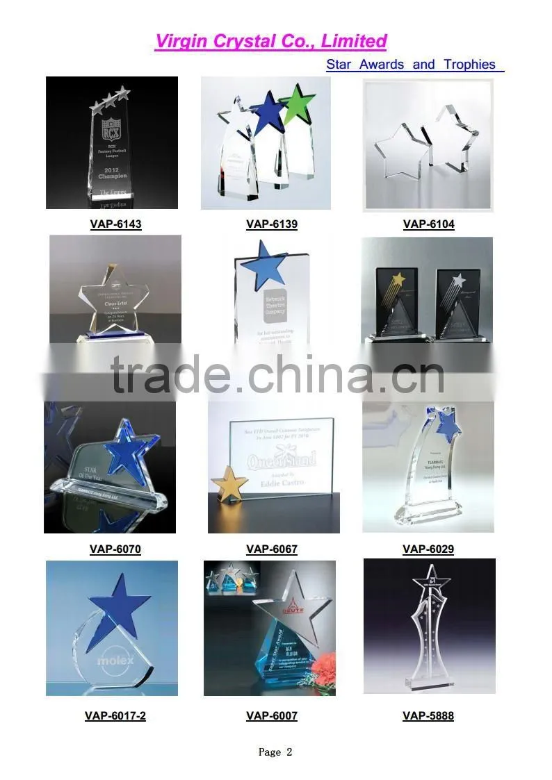 Clear crystal blue star trophy with stand for Excellent achievement award