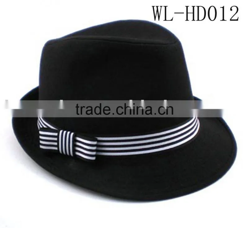WL-HD012 100% COTTON BLACK FEDORA WITH STRIPED BOW TRIM FOR WOMEN