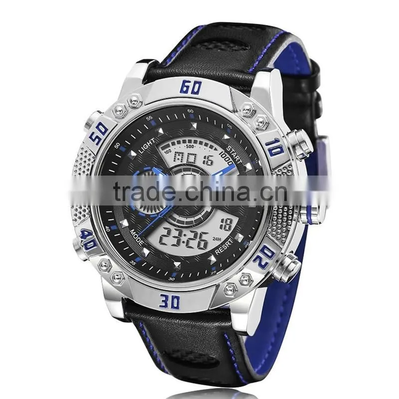 WJ-5446 genuine leather strap IP plating high quality double show Ohsen waterproof men sport watch