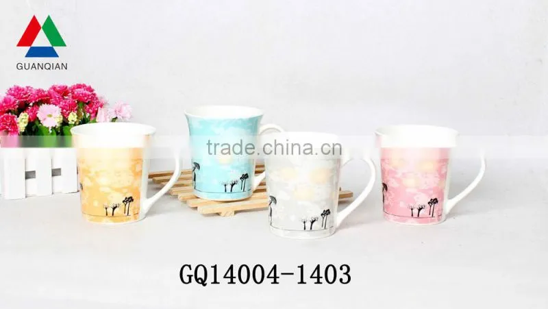 Cheap sale fine bone china tea cups with decals V-shape and hand bulk packing