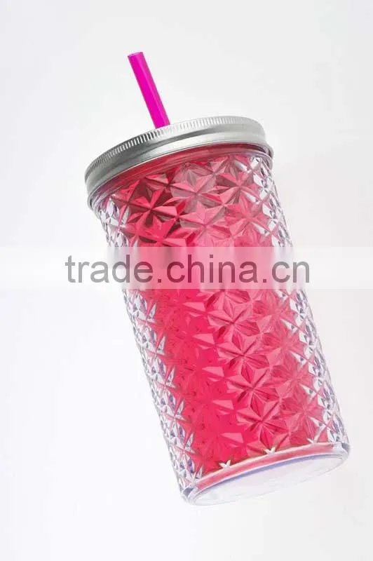 450ml doubel wall-plastic mug with straw and tinplate cap