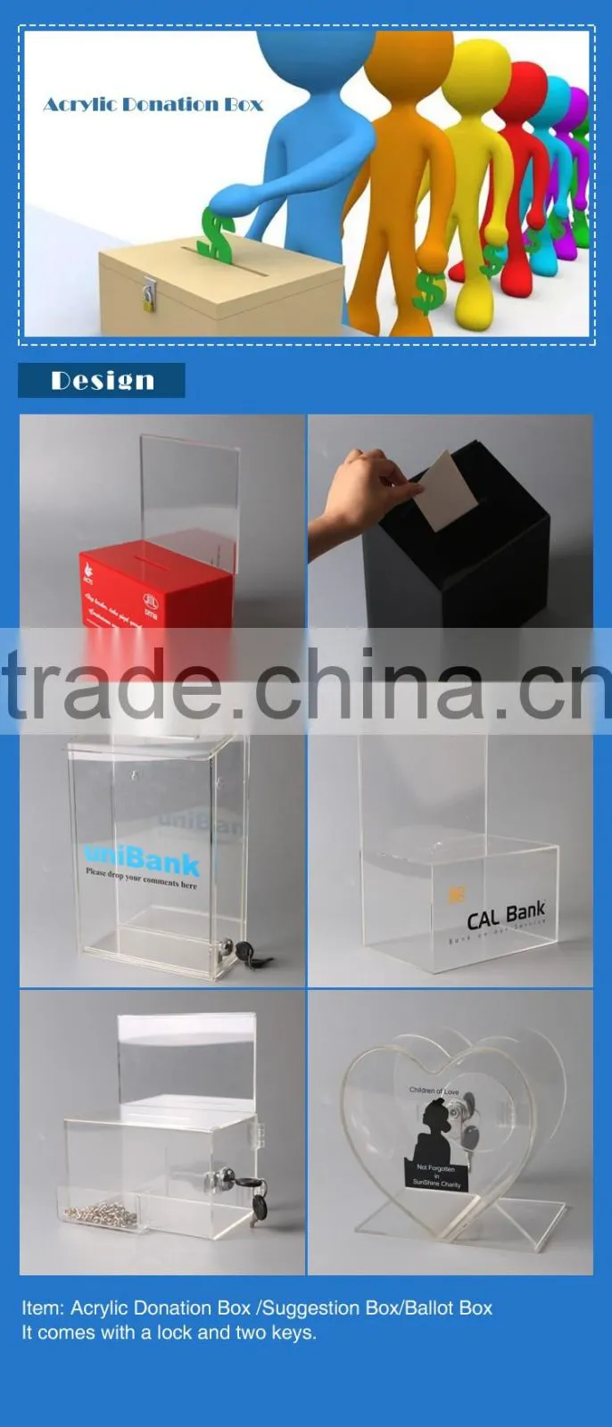 customized hot sale clear acrylic donation box with locks cheap high quality