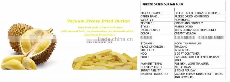 Vacuum Freeze Dried Durian Monthong ( Golden Pillow ) from Thailand Certified HACCP, ISO 22000, GMP, HALAL and KOSHER