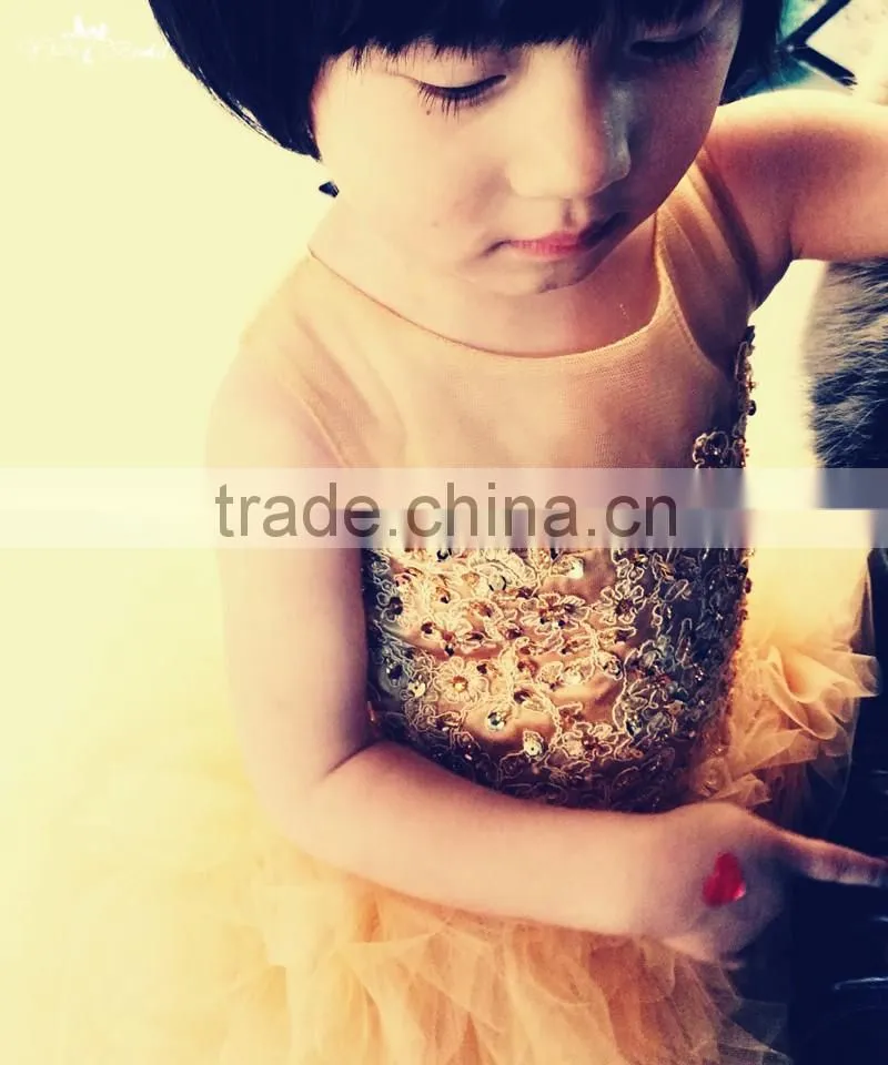 FG6 Real Sample Pictures Puffy Tulle Skirt Gold Flower Baby Girls Long Children Wedding Dresses