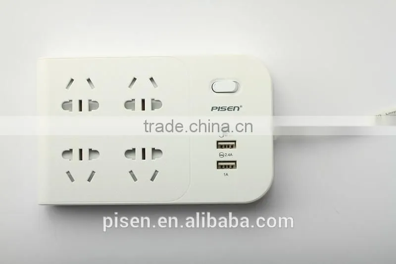 Pisen 1.8m 6ft Cable One Switch Child Protection Pasteable Euro Plug 4 Outles Smart Power Strip With 1A 2.4A 2.4A USB Charger