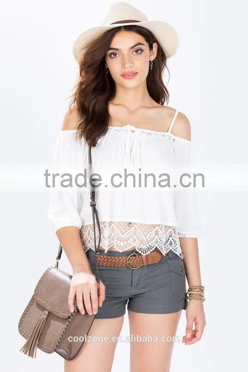 Fashion cold shoulder self tie crochet blouse top selling blouse products 2015