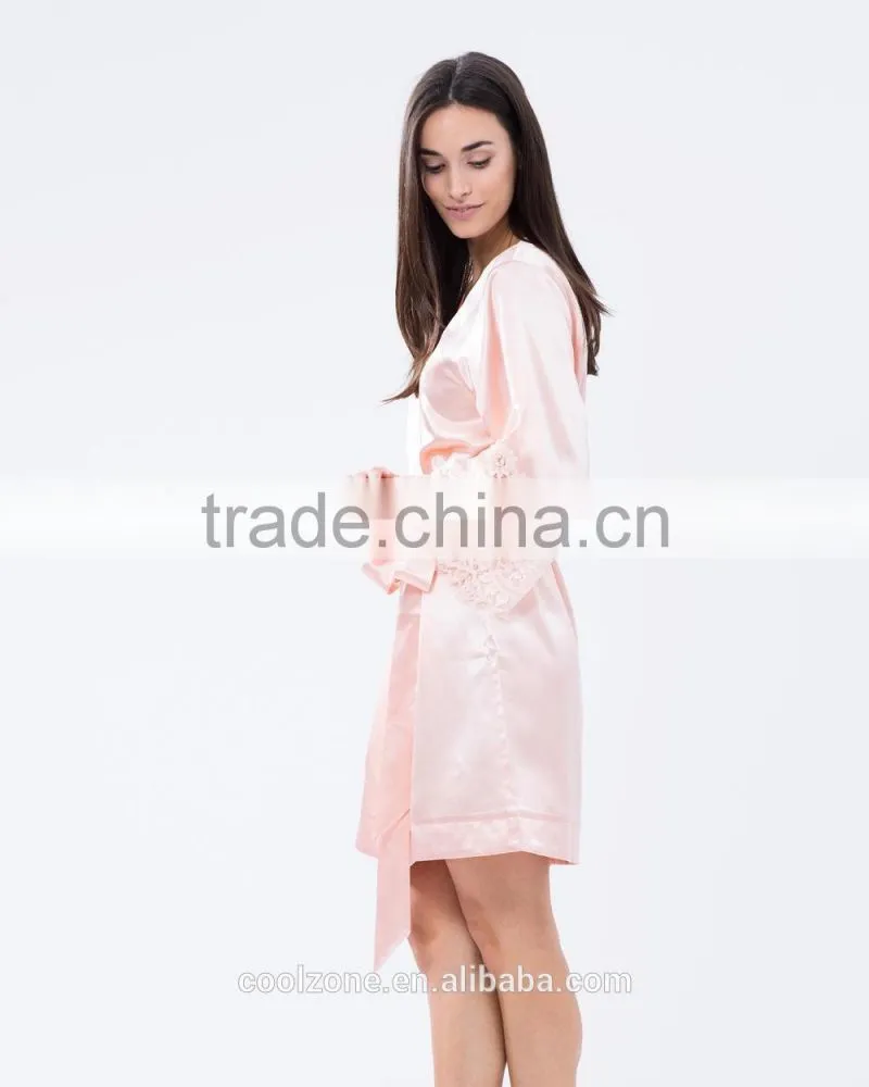 Elegant tie-up front lace trimmed sleeves kimono robe wholesale satin robe.