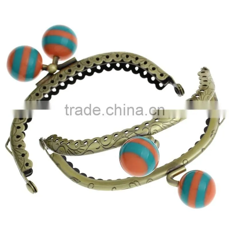 Metal Frame Kiss Clasp For Purse Bag Antique Bronze Orange & Green Resin Ball