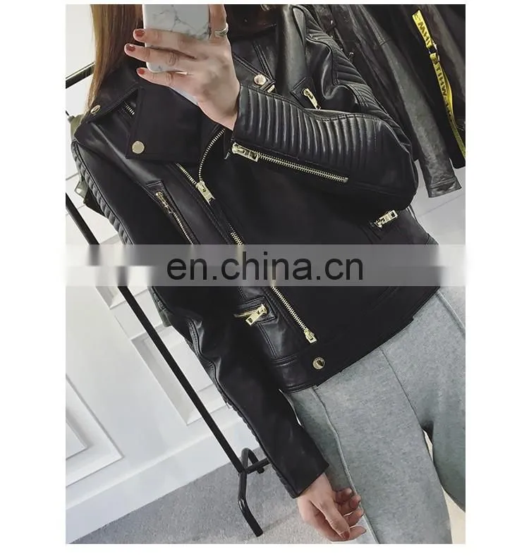 Wholesale Spring Female Long Sleeve Short Beaded Motorcycle Jacket Excelled Leather Jacket
