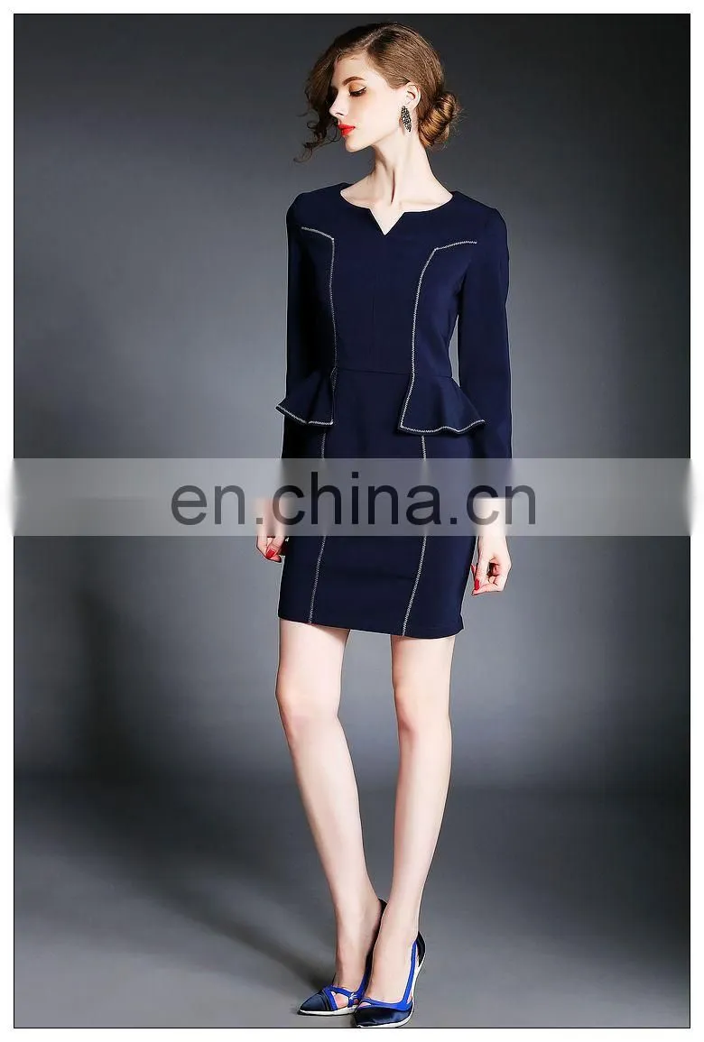 Ladies high quality navy dress above knee, peplum waist dress for fall