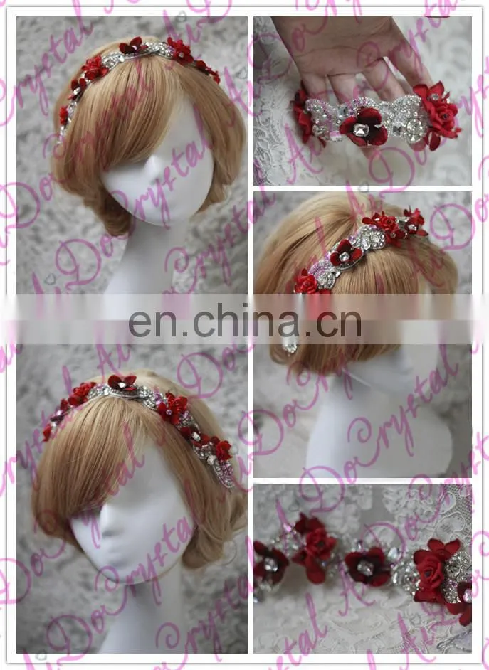 Aidocrystal Red vintage lace wedding hairpiece, ivory lace bridal hair accessories, rhinestone headband with pearl