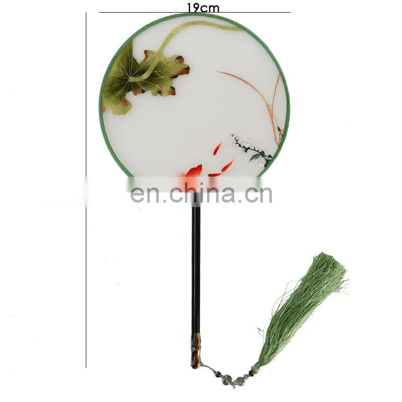 Chinese style multi-pattern silk embroidery dual-faced handmade round fan with long handle and tassel pendant(19*37cm)